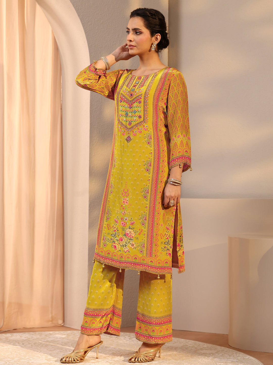 Mustard Printed Chinon Straight Suit Set With Dupatta