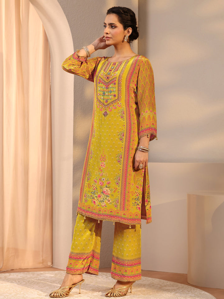Mustard Printed Chinon Straight Suit Set With Dupatta