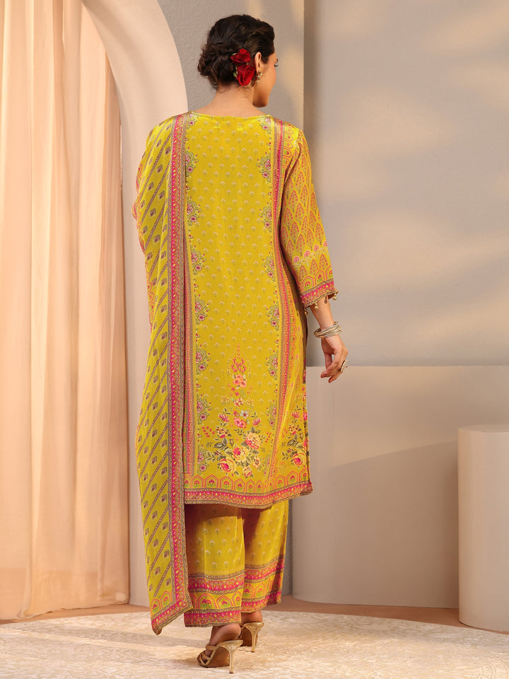 Mustard Printed Chinon Straight Suit Set With Dupatta