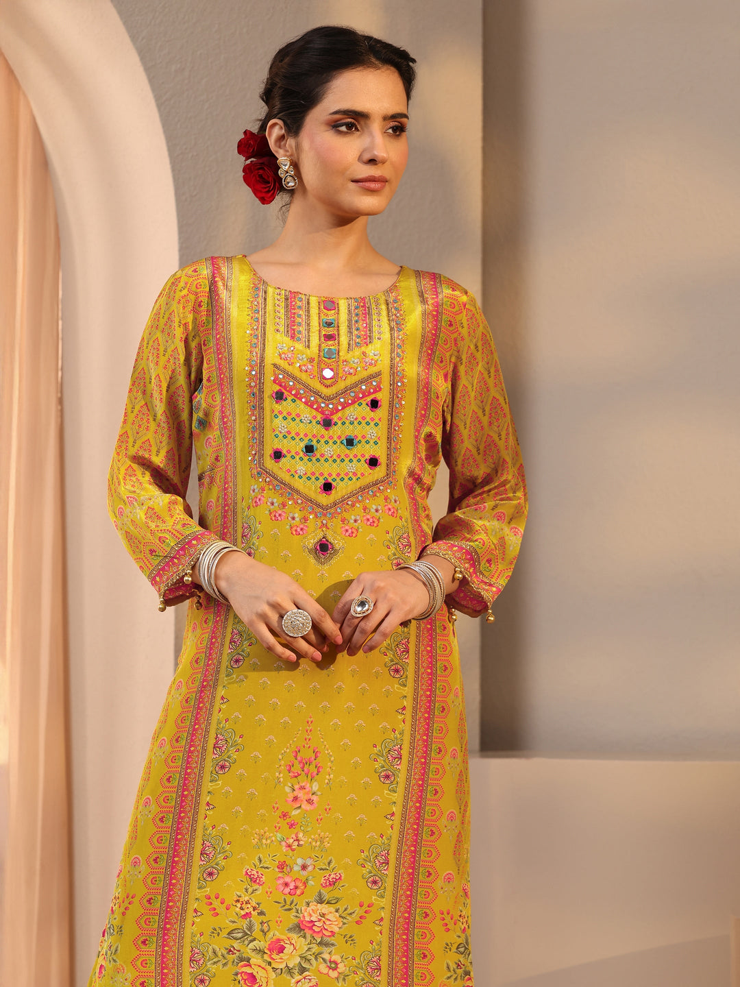 Mustard Printed Chinon Straight Suit Set With Dupatta