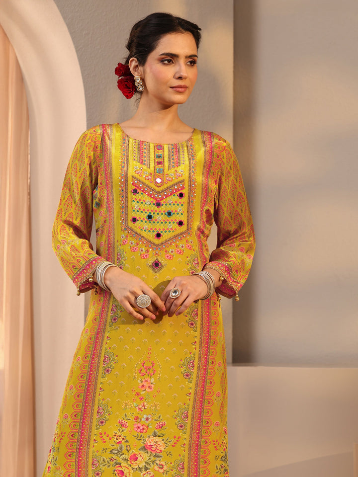 Mustard Printed Chinon Straight Suit Set With Dupatta