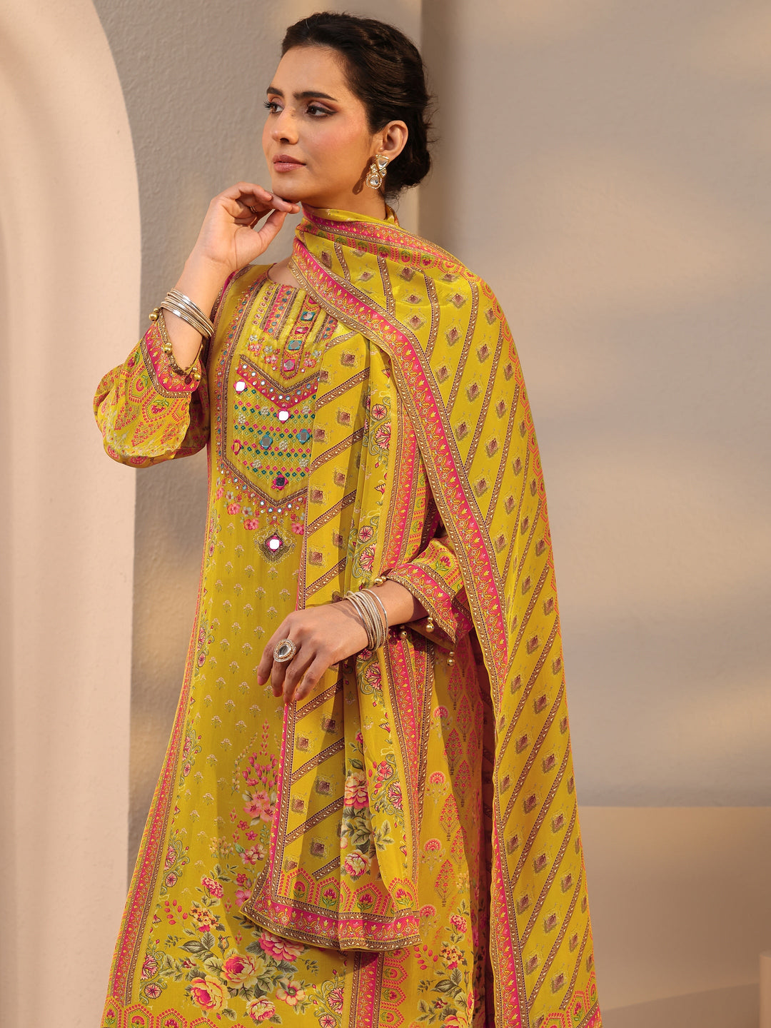 Mustard Printed Chinon Straight Suit Set With Dupatta
