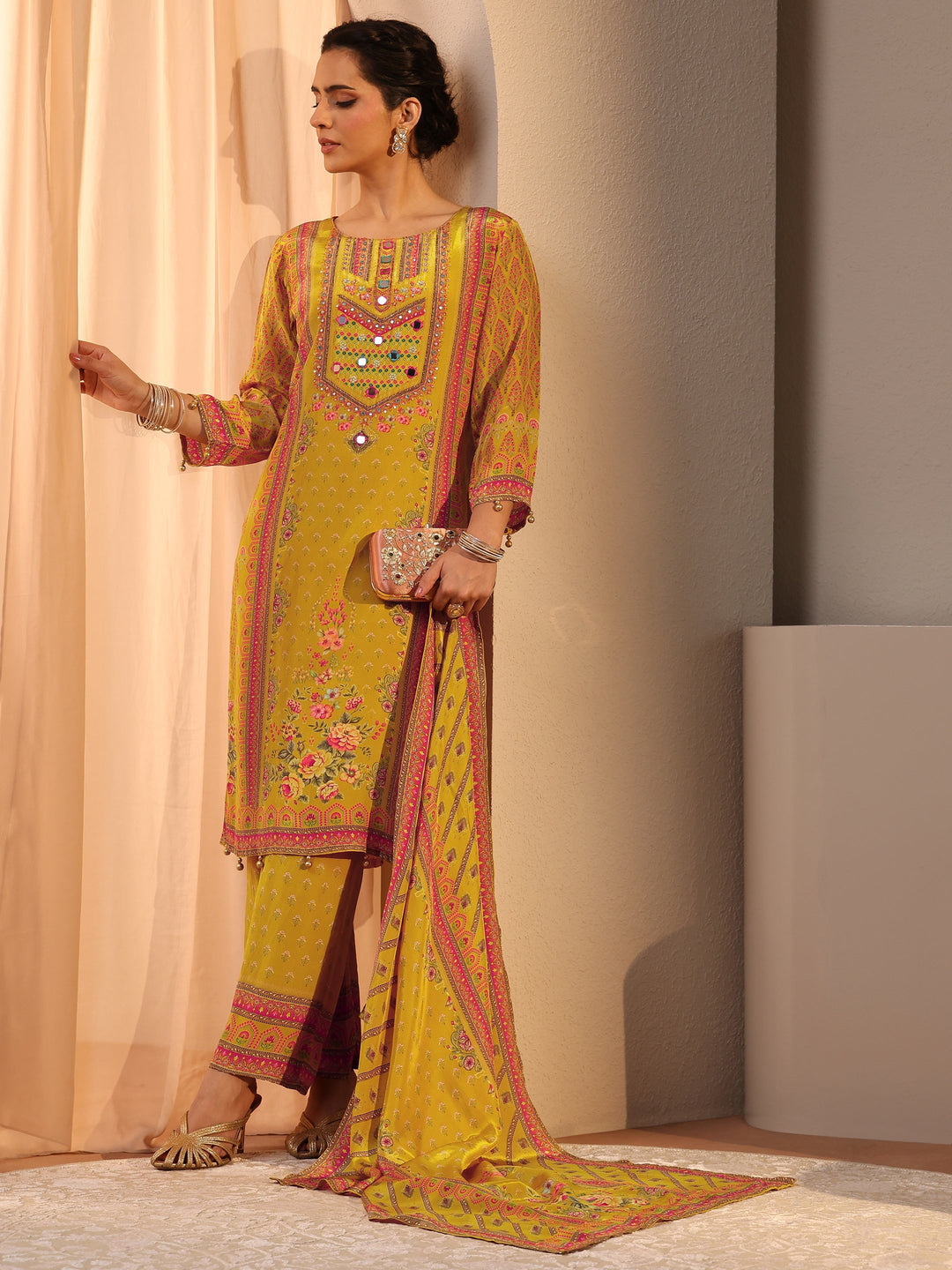 Mustard Printed Chinon Straight Suit Set With Dupatta
