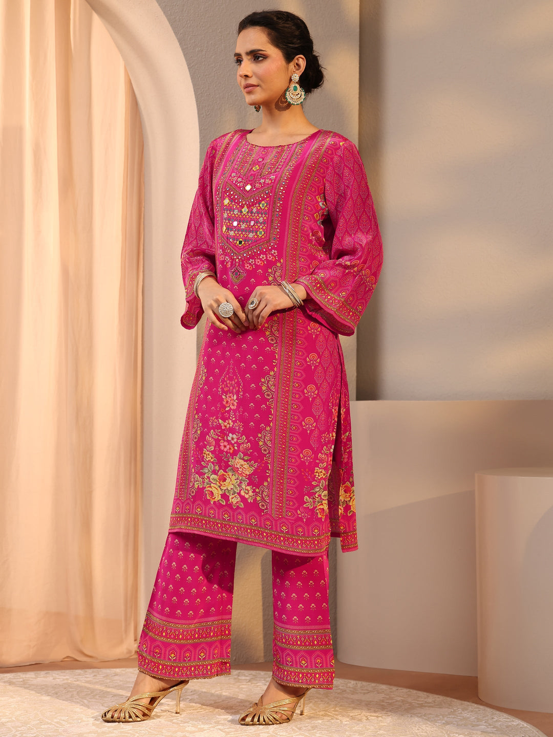 Pink Printed Chinon Straight Suit Set With Dupatta