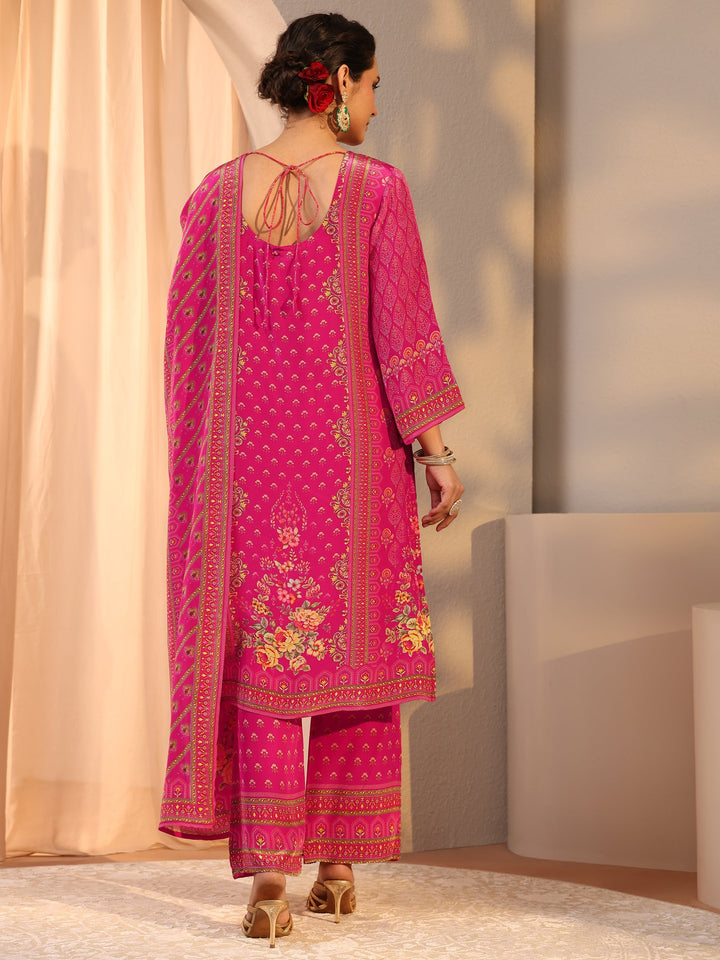 Pink Printed Chinon Straight Suit Set With Dupatta