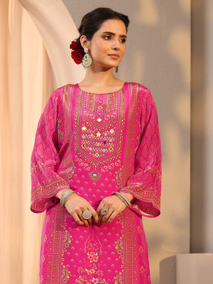 Pink Printed Chinon Straight Suit Set With Dupatta
