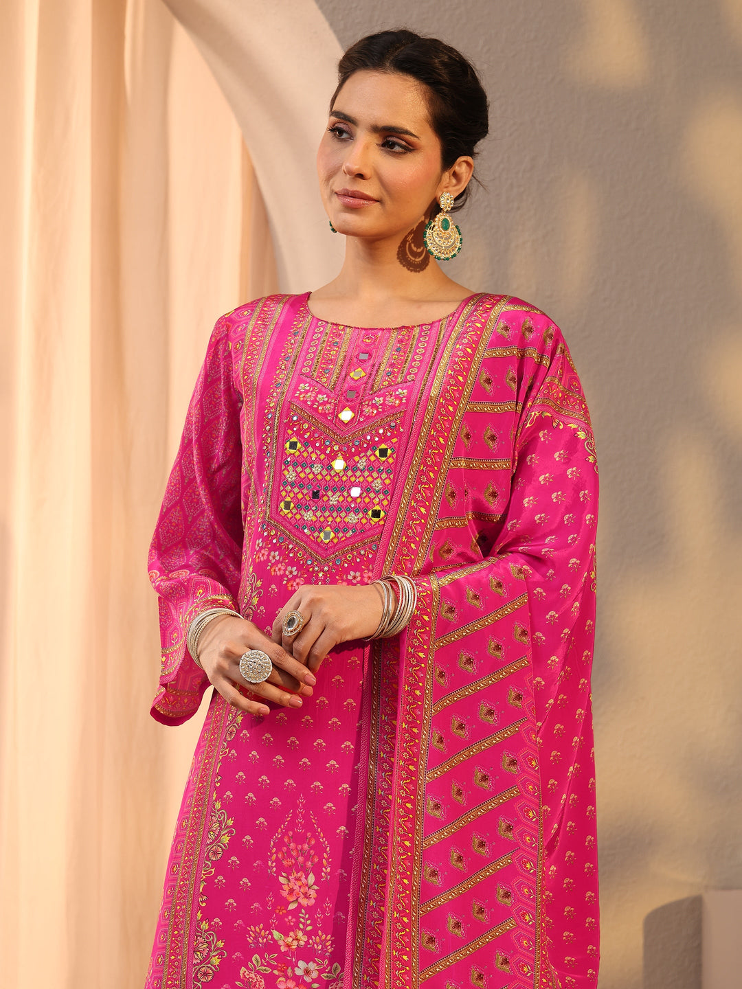 Pink Printed Chinon Straight Suit Set With Dupatta