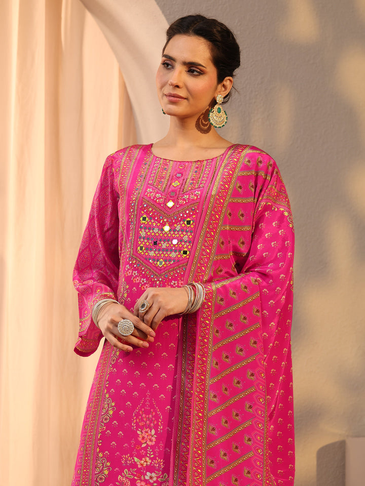 Pink Printed Chinon Straight Suit Set With Dupatta