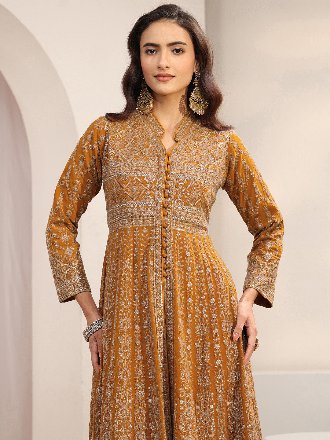 Libas Art Mustard Embellished Georgette A-Line Suit Set With Dupatta