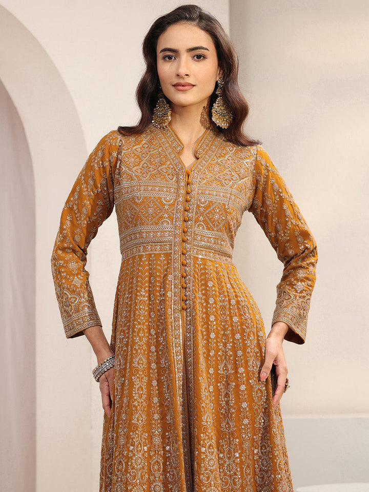 Libas Art Mustard Embellished Georgette A-Line Suit Set With Dupatta