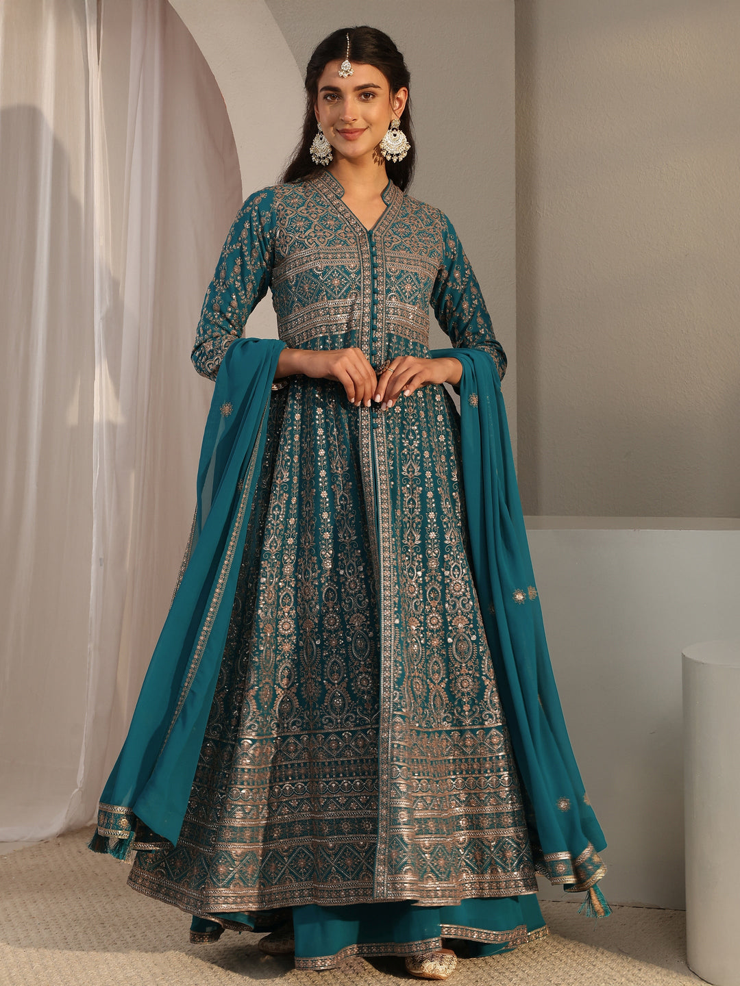 Libas Art Blue Embellished Georgette Anarkali Suit Set With Dupatta