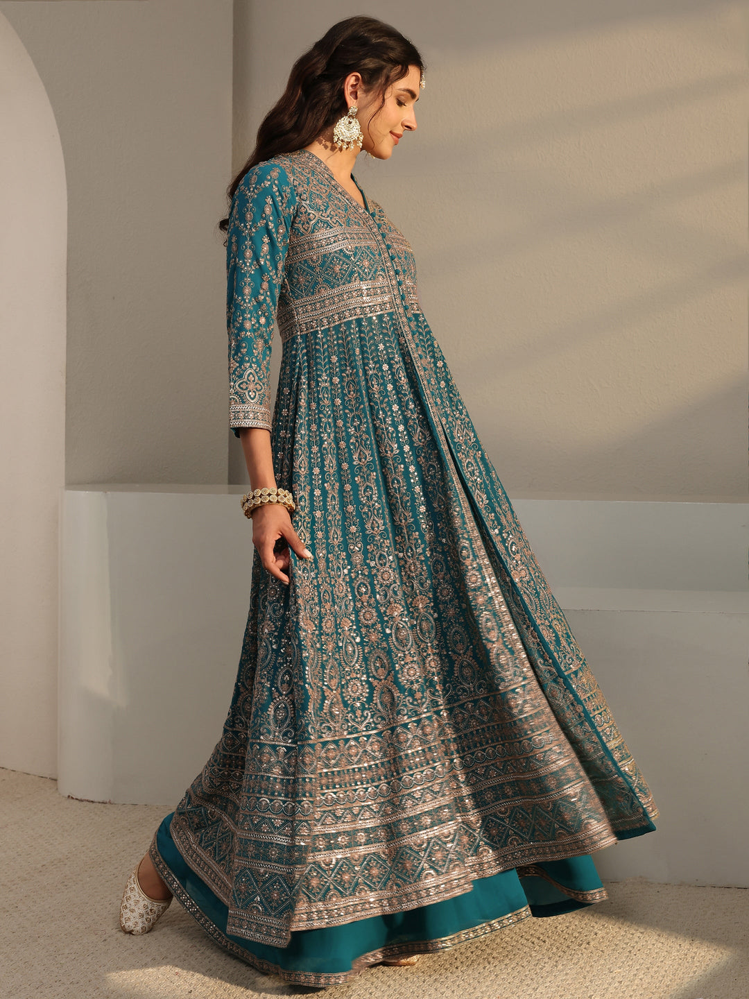 Libas Art Blue Embellished Georgette Anarkali Suit Set With Dupatta