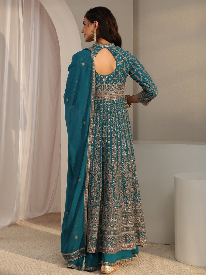 Libas Art Blue Embellished Georgette Anarkali Suit Set With Dupatta
