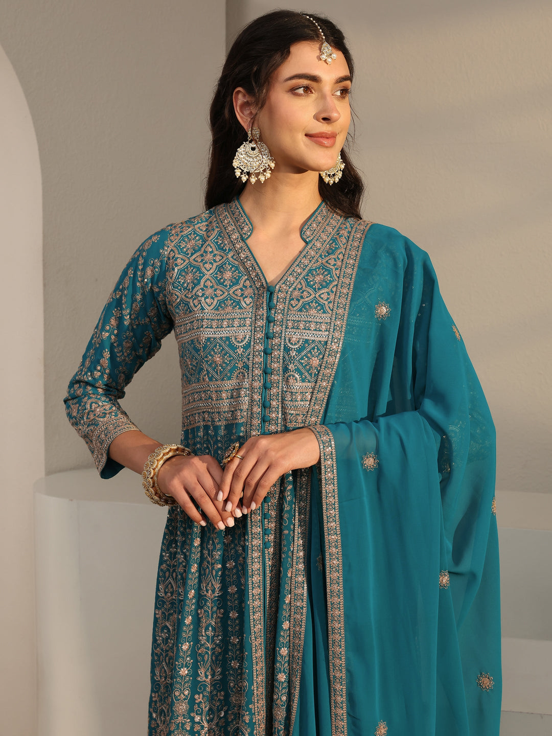 Libas Art Blue Embellished Georgette Anarkali Suit Set With Dupatta
