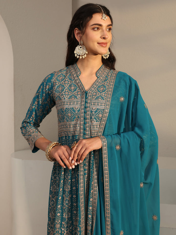 Libas Art Blue Embellished Georgette Anarkali Suit Set With Dupatta