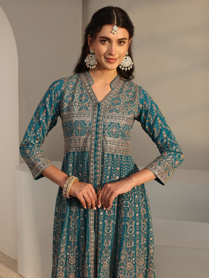 Libas Art Blue Embellished Georgette Anarkali Suit Set With Dupatta
