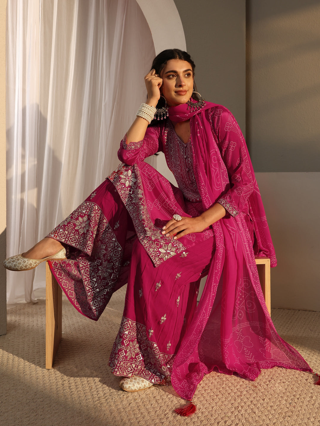 Libas Art Pink Bandhani Printed Georgette Palazzo Suit Set With Dupatta