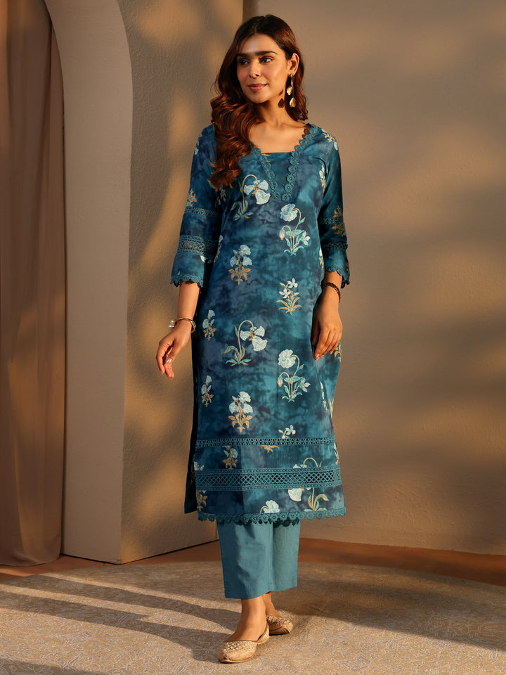 Blue Floral Printed Cotton Straight Kurta Set