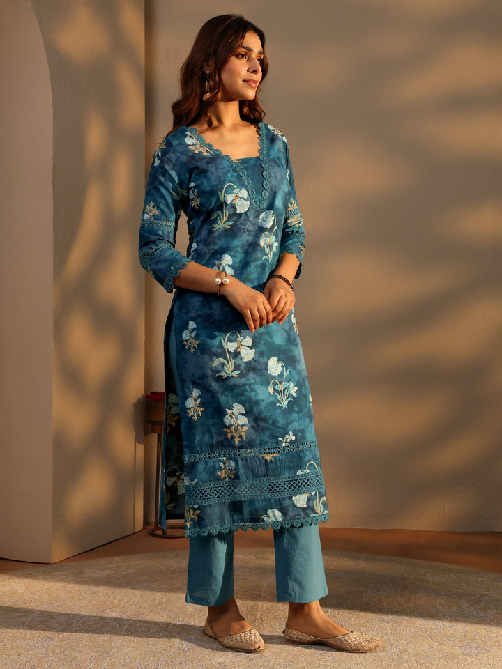 Blue Floral Printed Cotton Straight Kurta Set