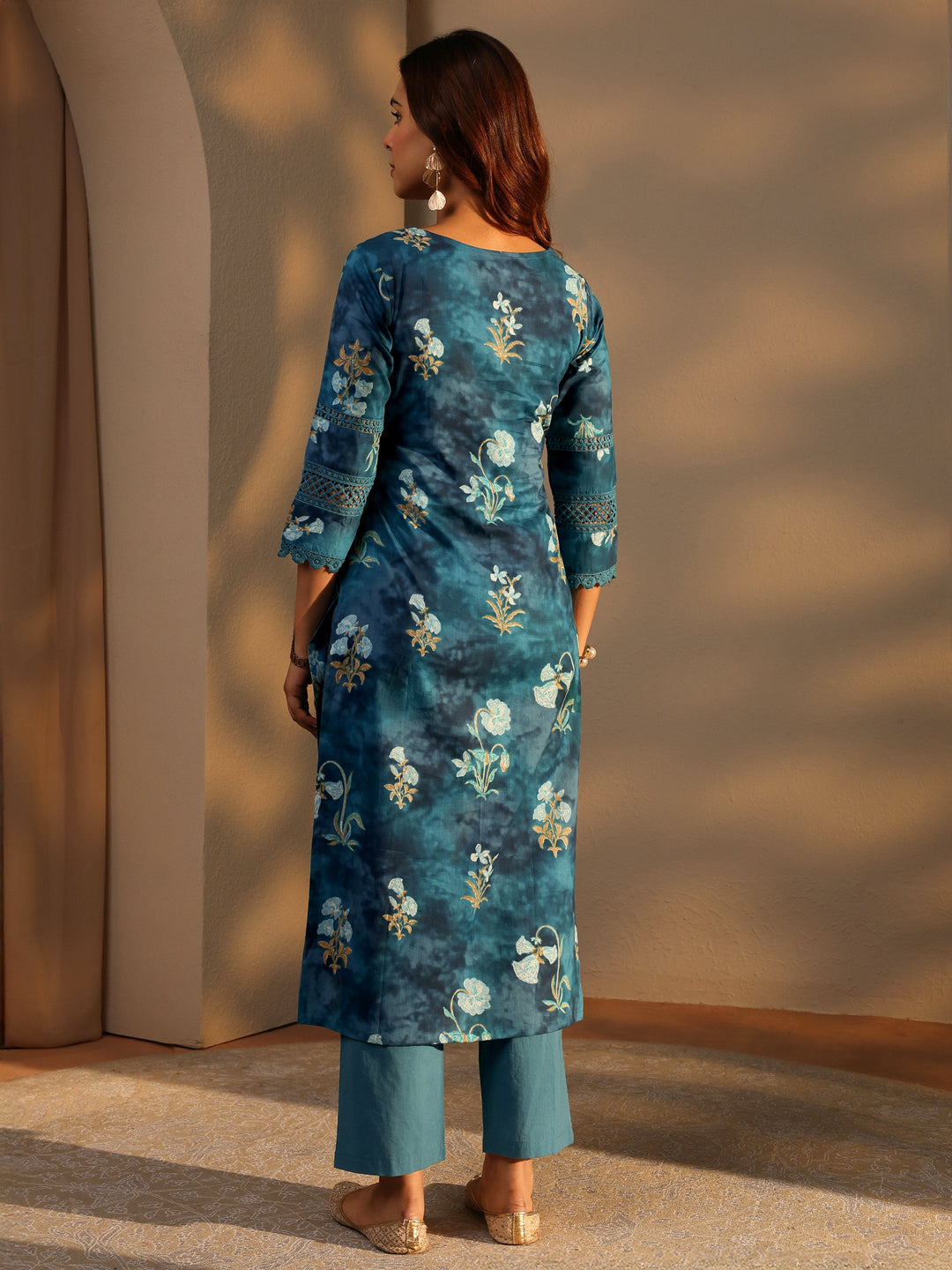Blue Floral Printed Cotton Straight Kurta Set