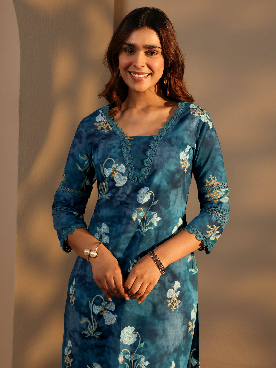 Blue Floral Printed Cotton Straight Kurta Set