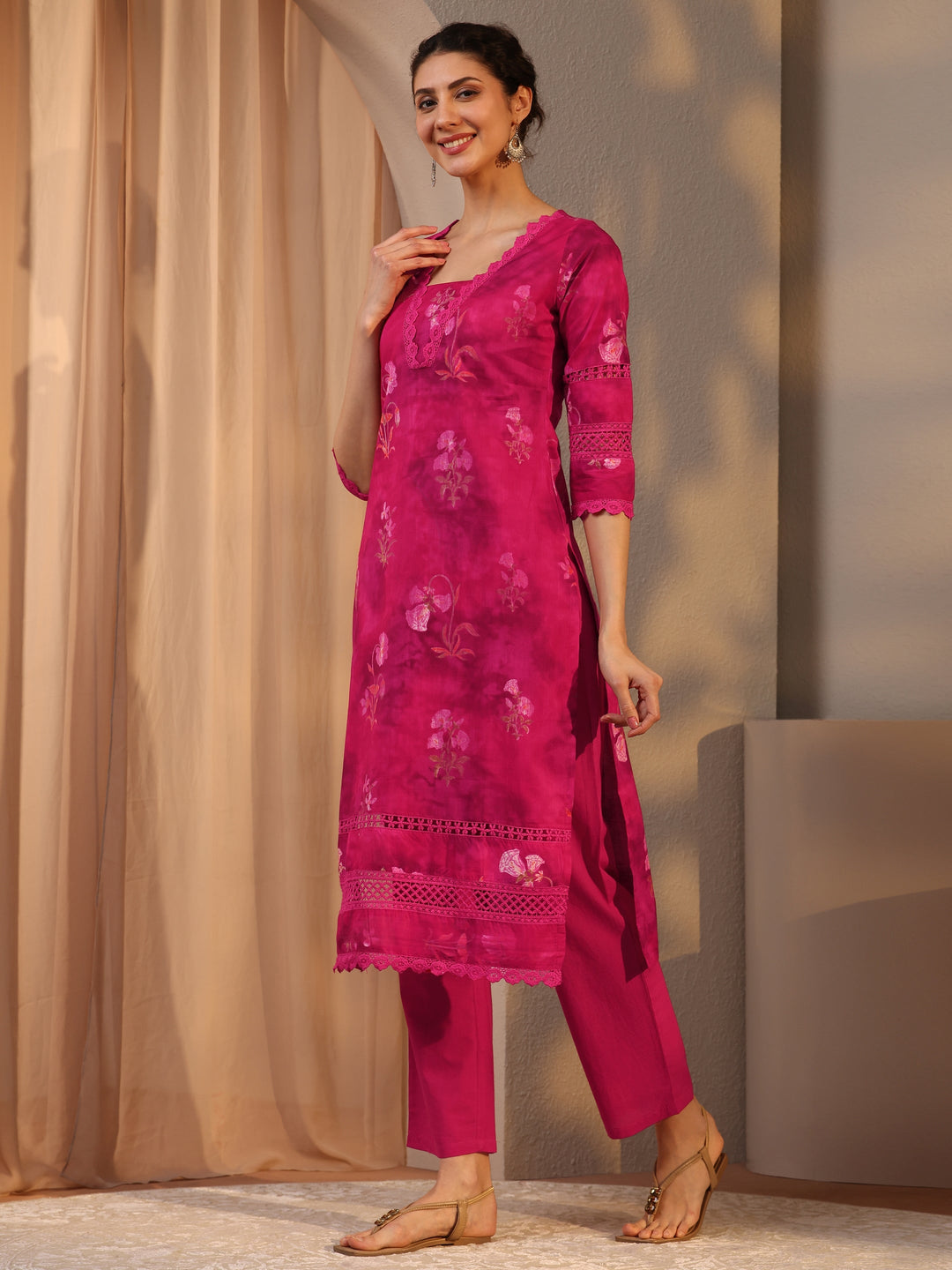 Pink Floral Printed Cotton Straight Kurta Set