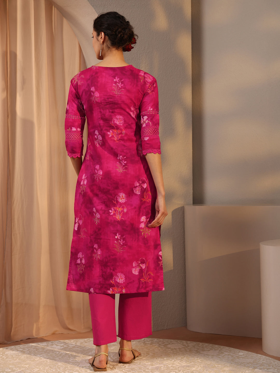 Pink Floral Printed Cotton Straight Kurta Set