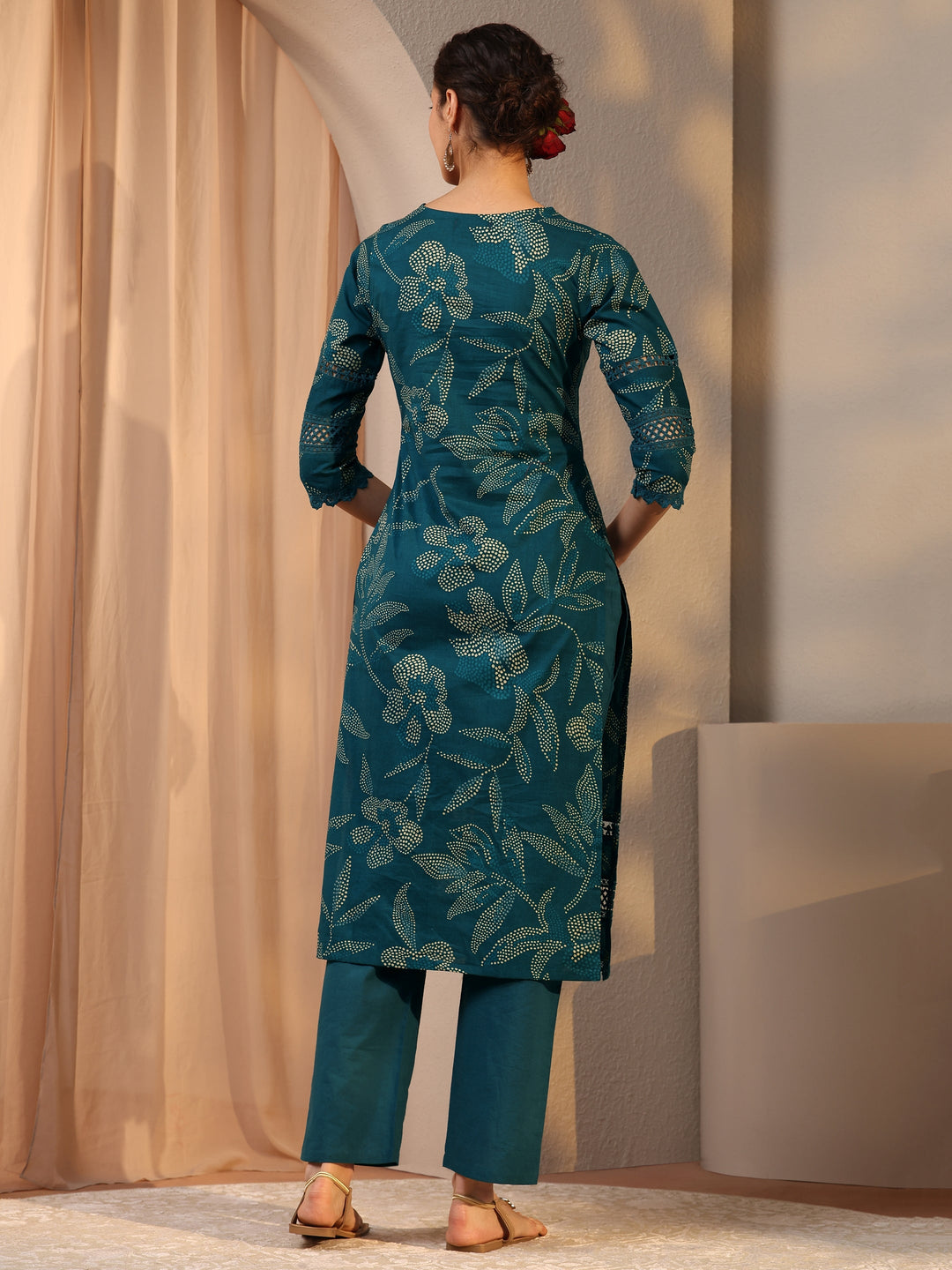 Teal Floral Printed Cotton Straight Kurta Set