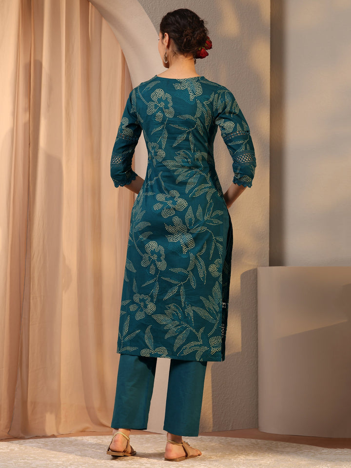 Teal Floral Printed Cotton Straight Kurta Set