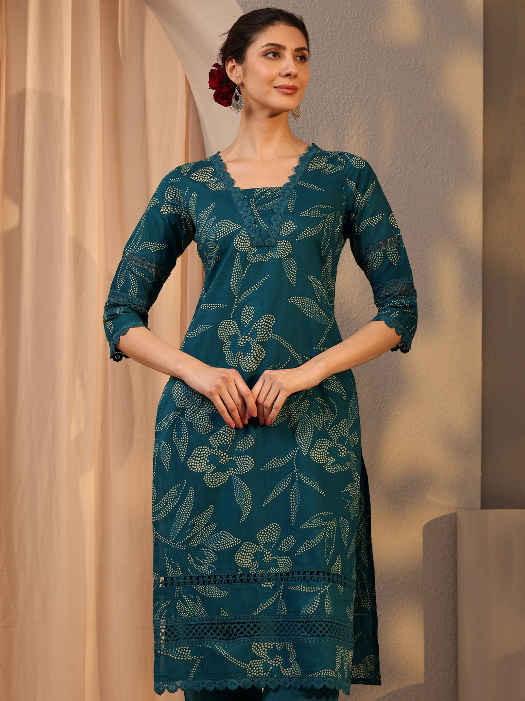 Teal Floral Printed Cotton Straight Kurta Set