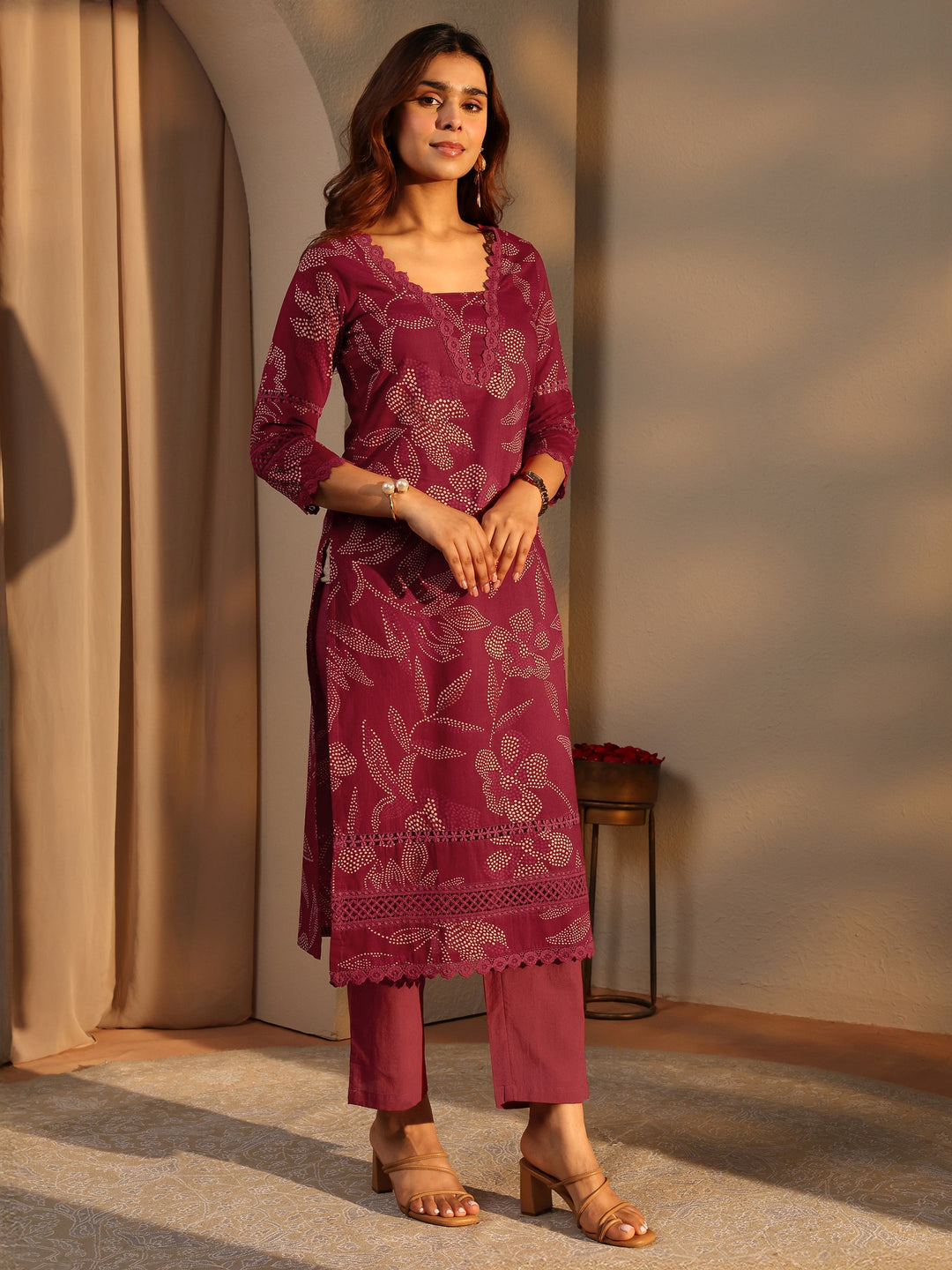 Maroon Floral Printed Cotton Straight Kurta Set