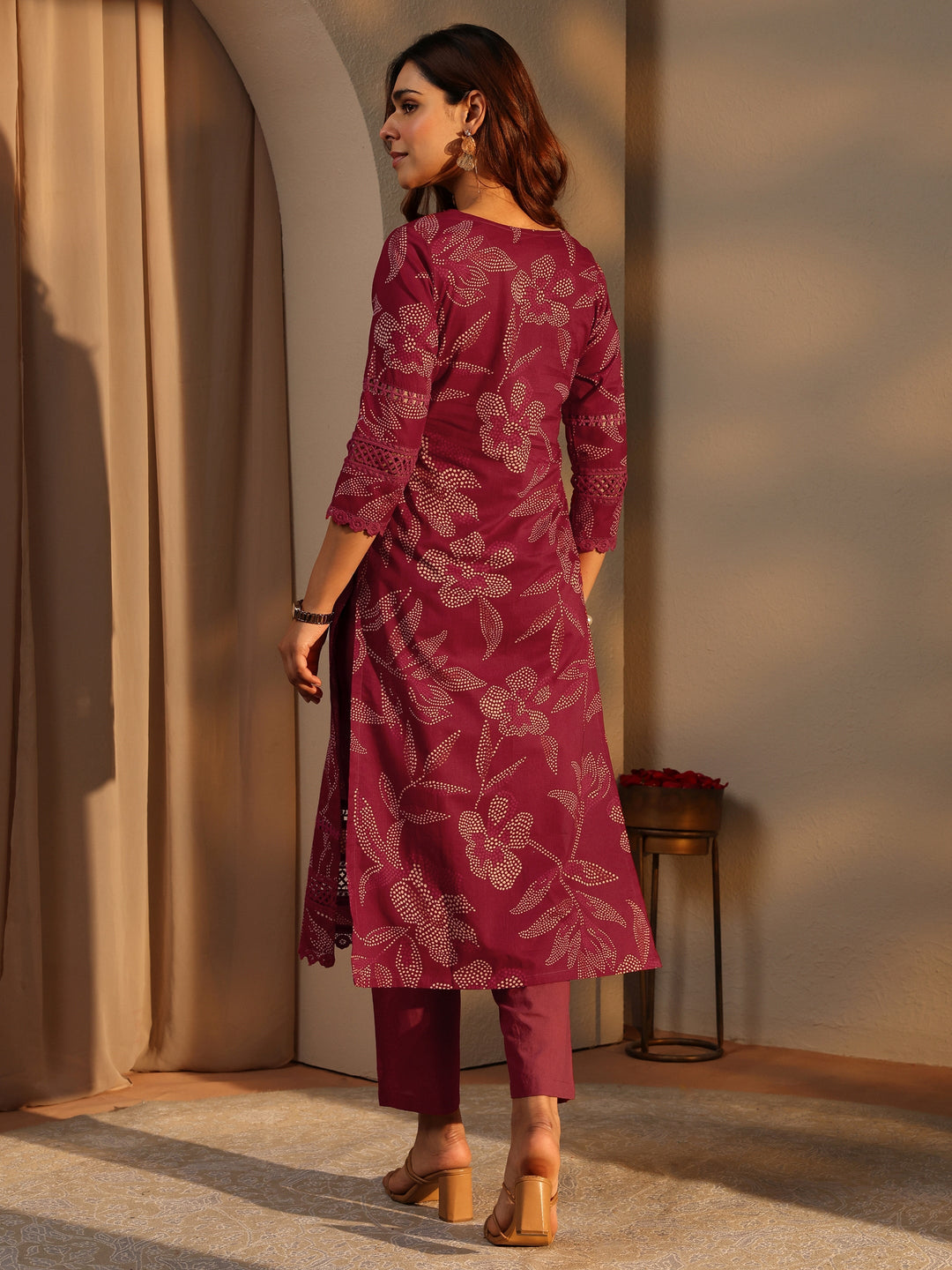 Maroon Floral Printed Cotton Straight Kurta Set