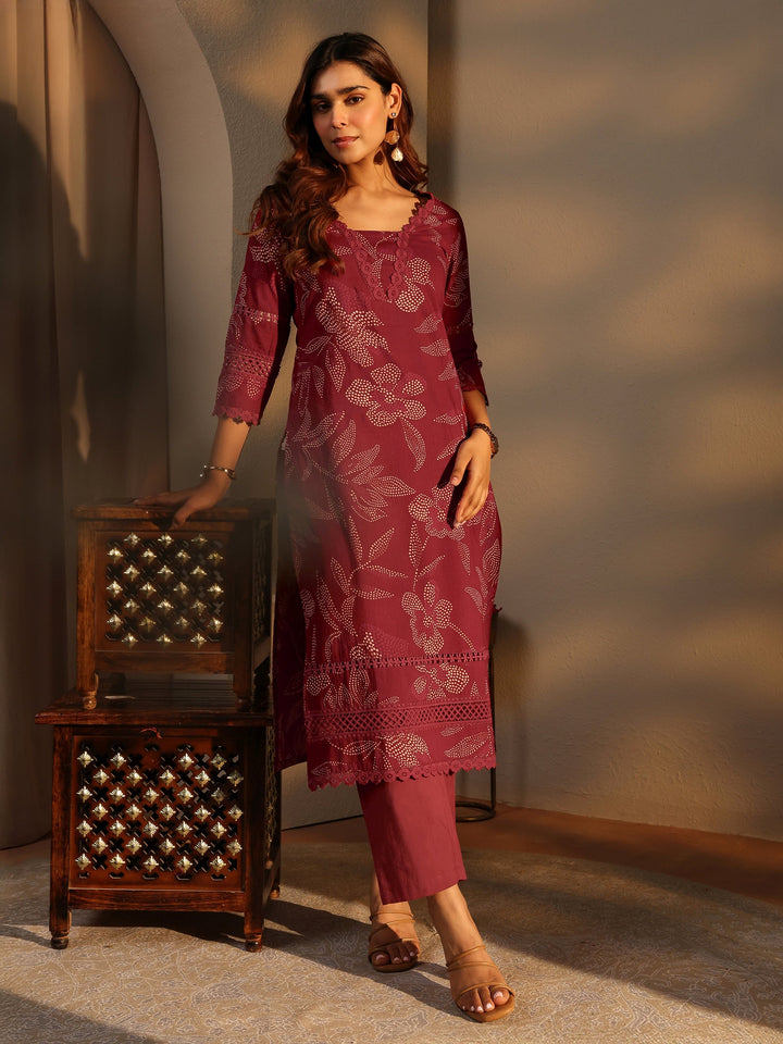 Maroon Floral Printed Cotton Straight Kurta Set