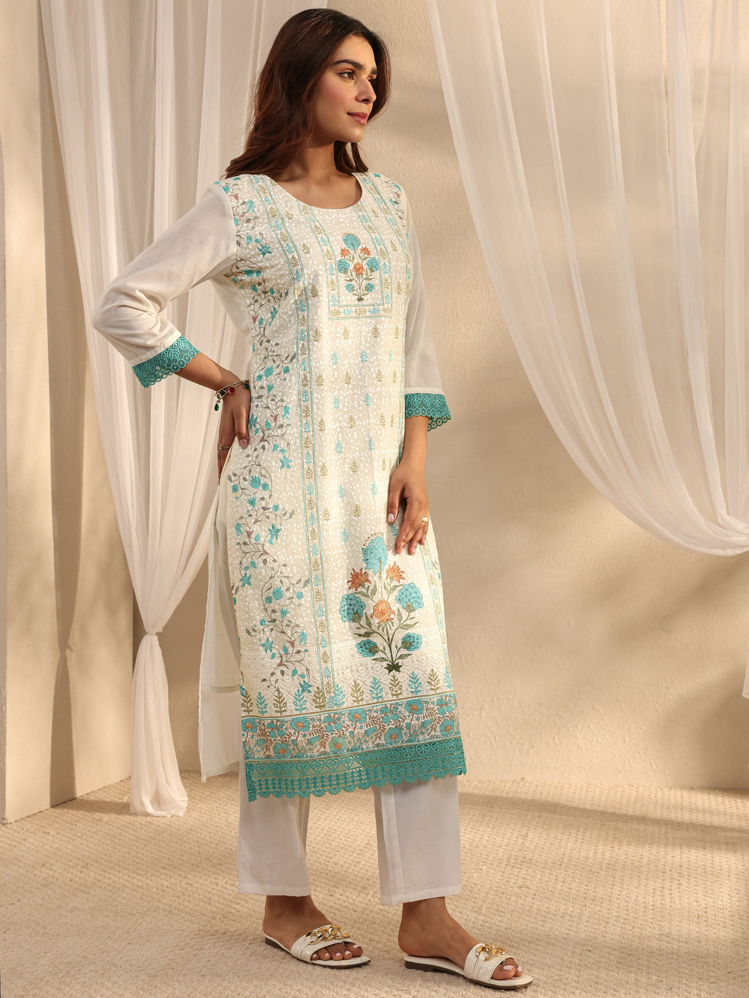 White Floral Printed Cotton Blend Straight Suit Set With Dupatta