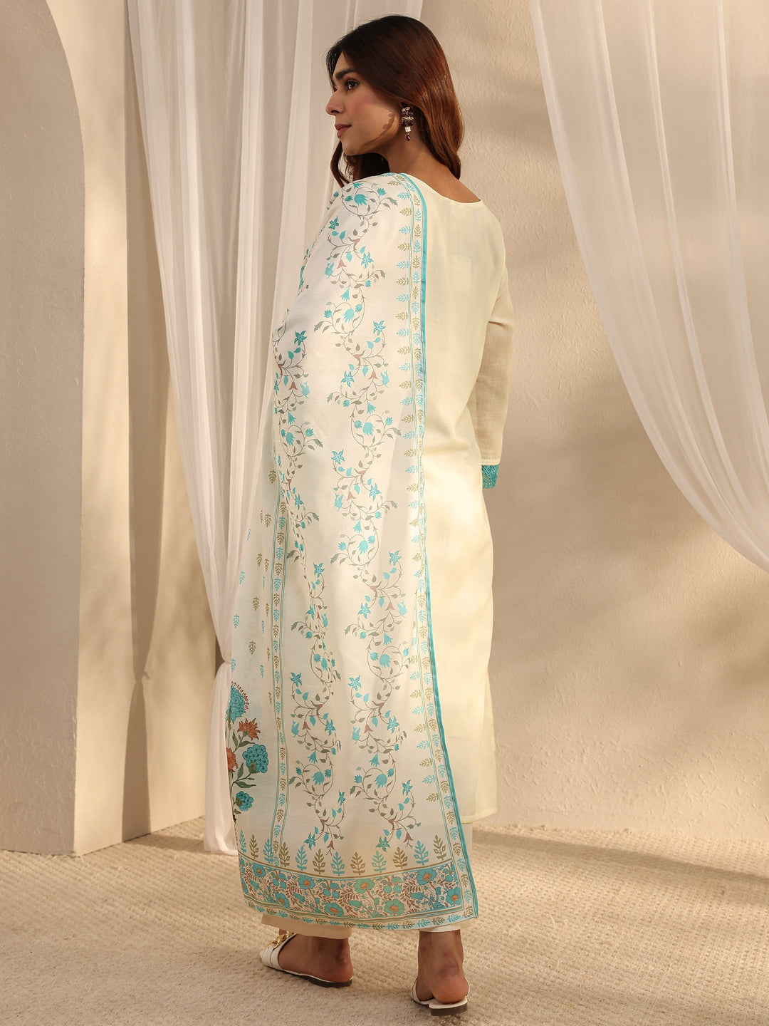 White Floral Printed Cotton Blend Straight Suit Set With Dupatta