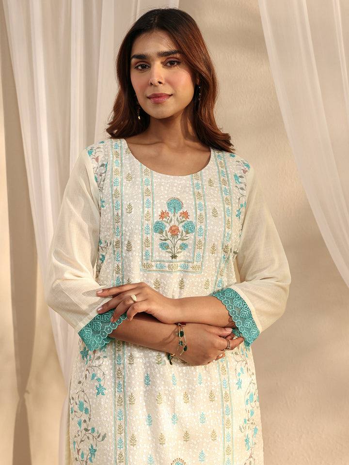 White Floral Printed Cotton Blend Straight Suit Set With Dupatta