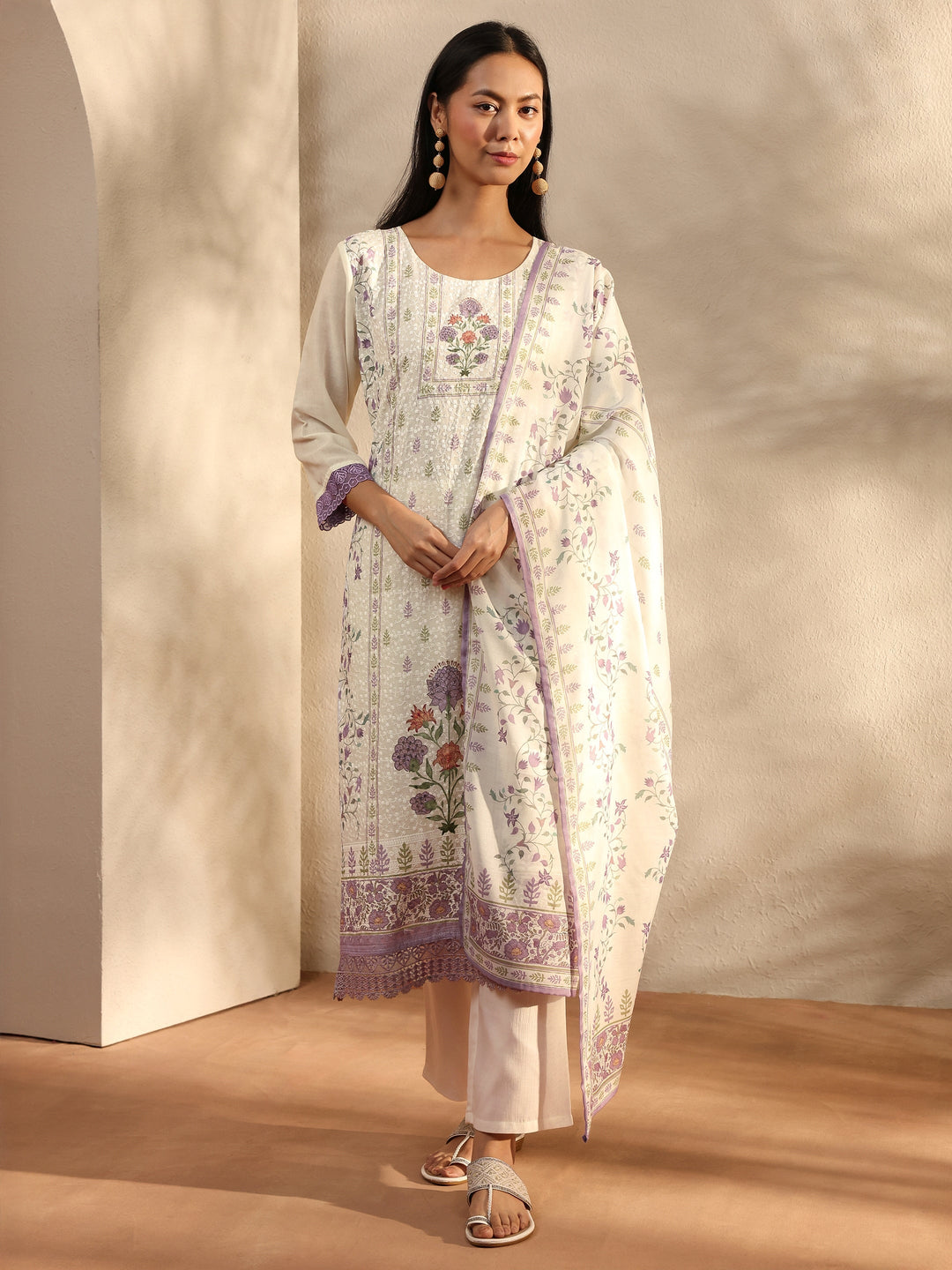 White Floral Printed Cotton Blend Straight Suit Set With Dupatta