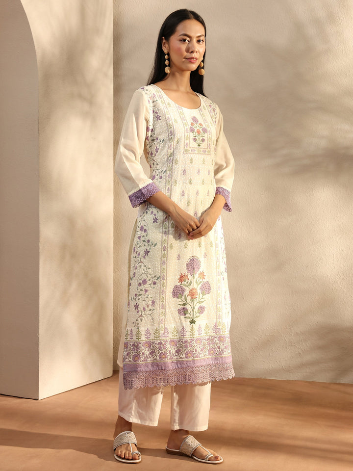 White Floral Printed Cotton Blend Straight Suit Set With Dupatta