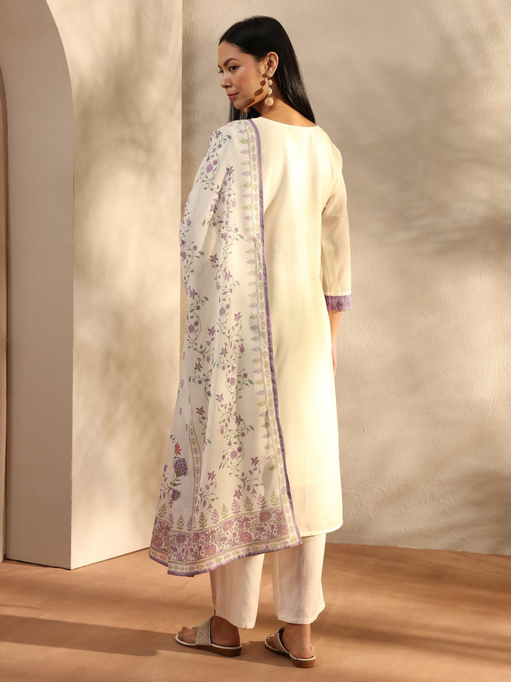 White Floral Printed Cotton Blend Straight Suit Set With Dupatta
