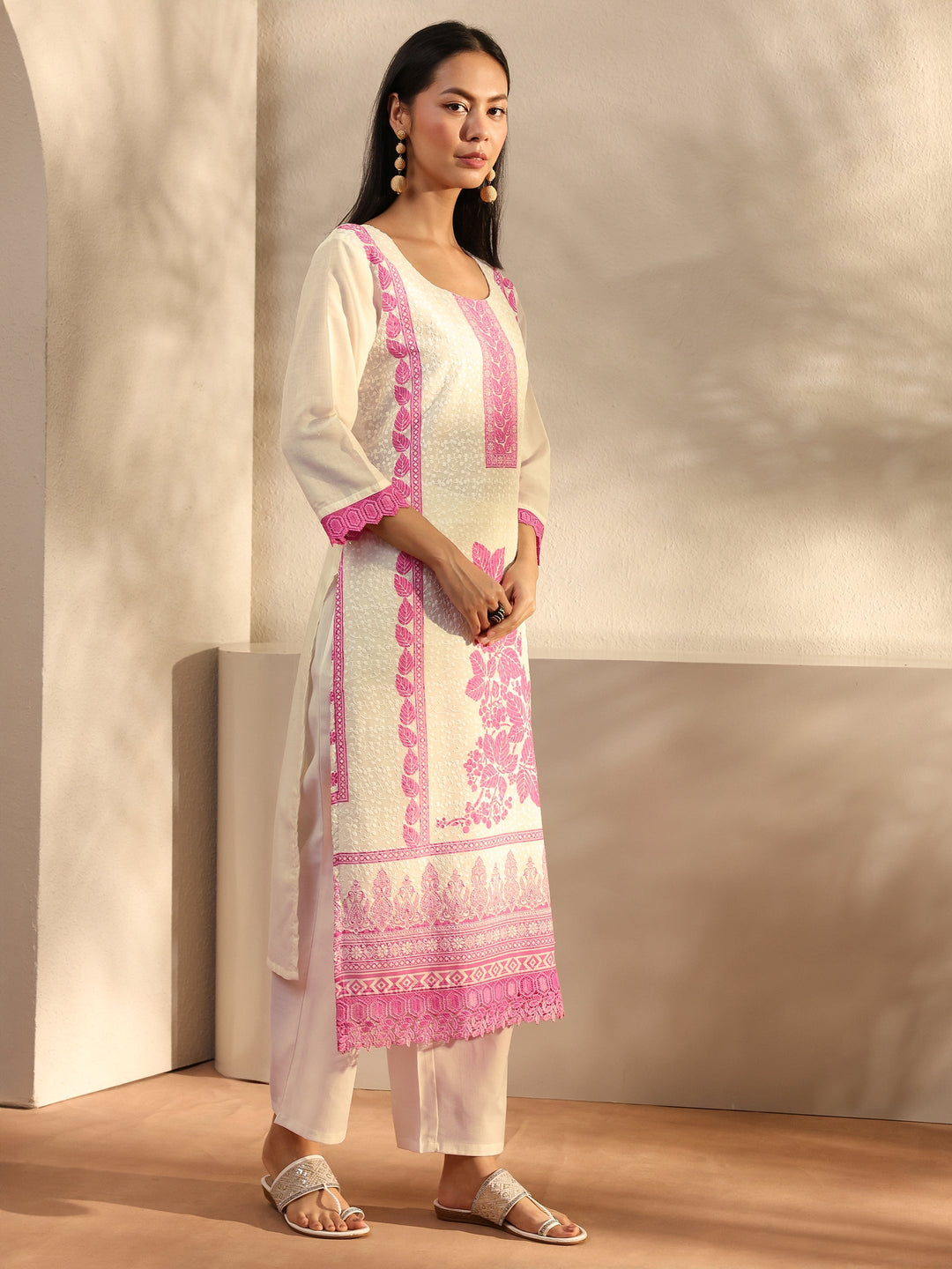 White Floral Printed Cotton Blend Straight Suit Set With Dupatta