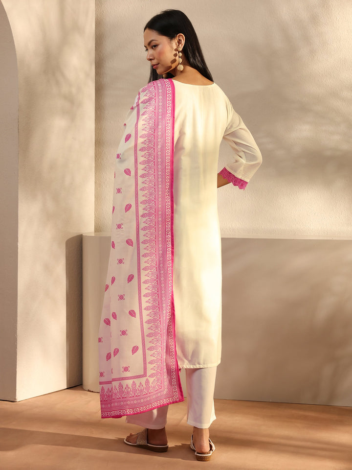 White Floral Printed Cotton Blend Straight Suit Set With Dupatta