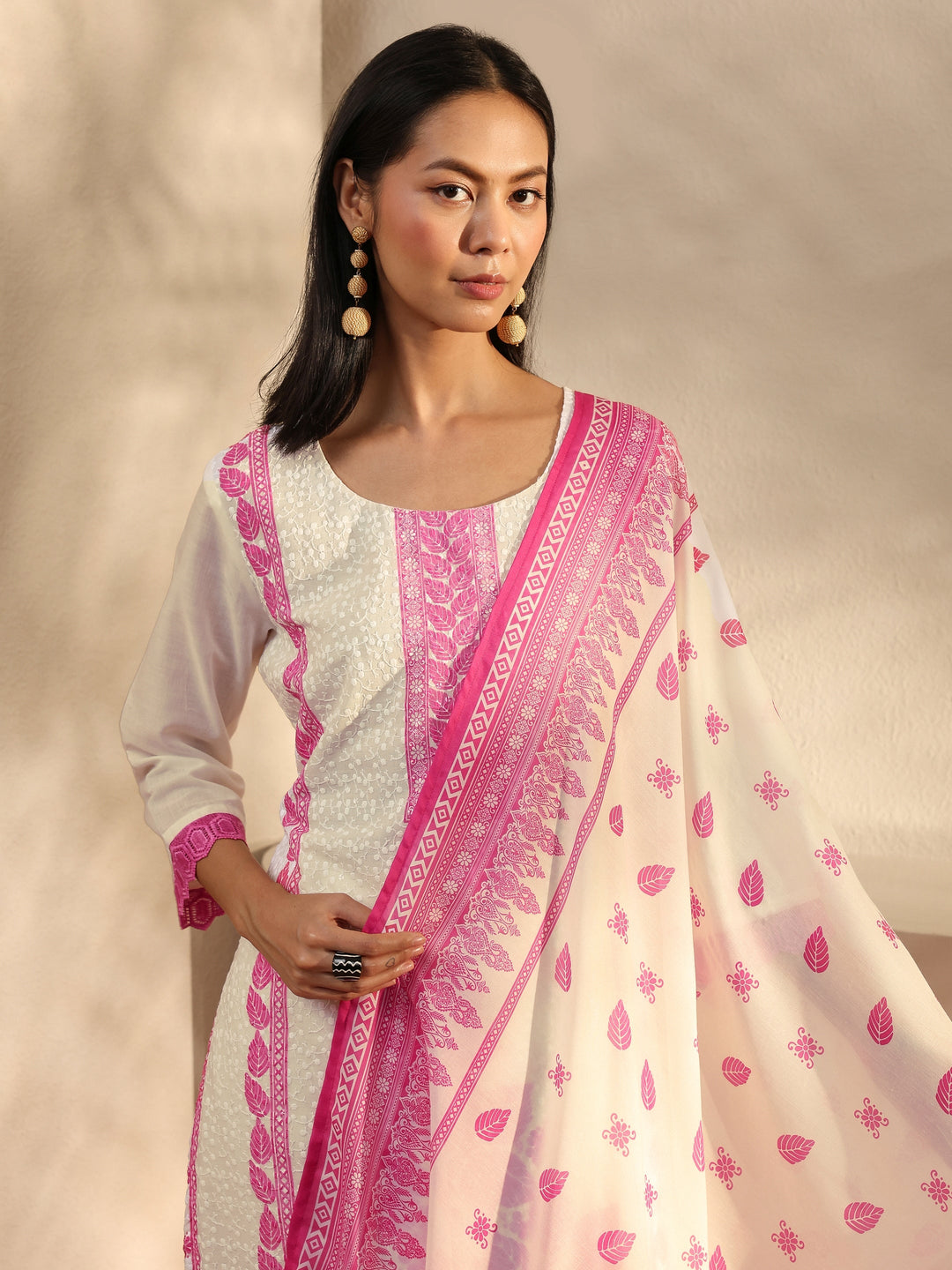 White Floral Printed Cotton Blend Straight Suit Set With Dupatta