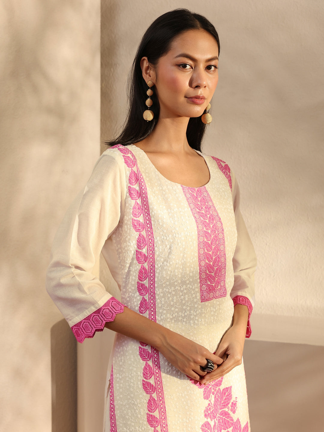 White Floral Printed Cotton Blend Straight Suit Set With Dupatta