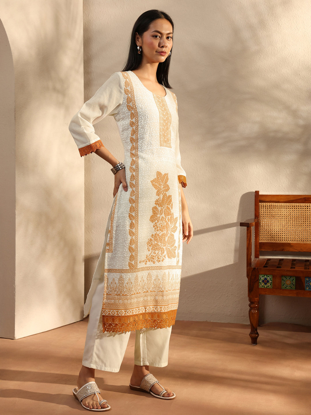 White Floral Printed Cotton Blend Straight Suit Set With Dupatta