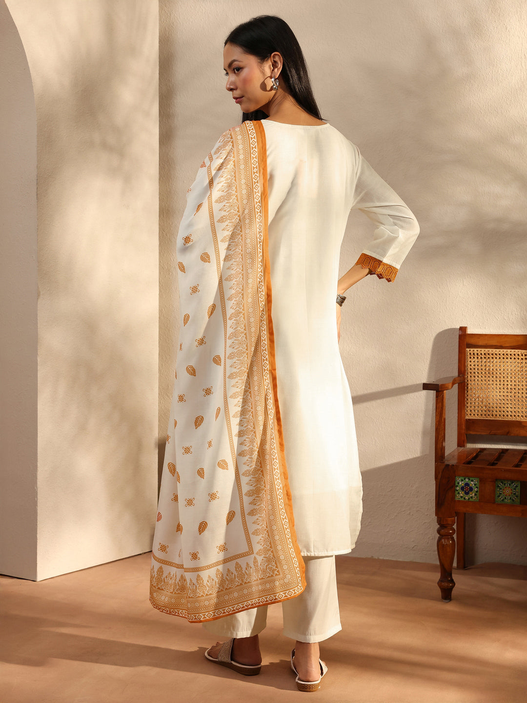 White Floral Printed Cotton Blend Straight Suit Set With Dupatta
