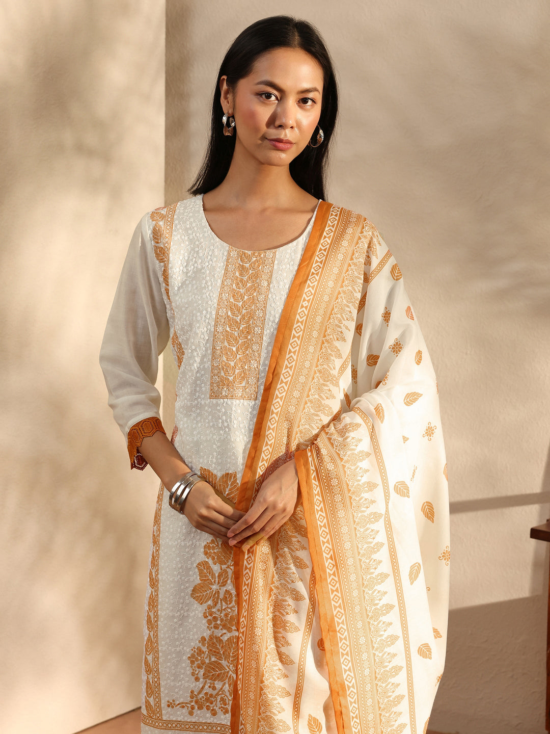 White Floral Printed Cotton Blend Straight Suit Set With Dupatta