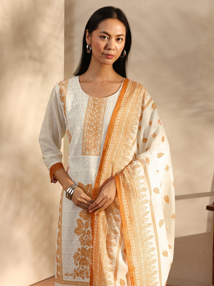 White Floral Printed Cotton Blend Straight Suit Set With Dupatta