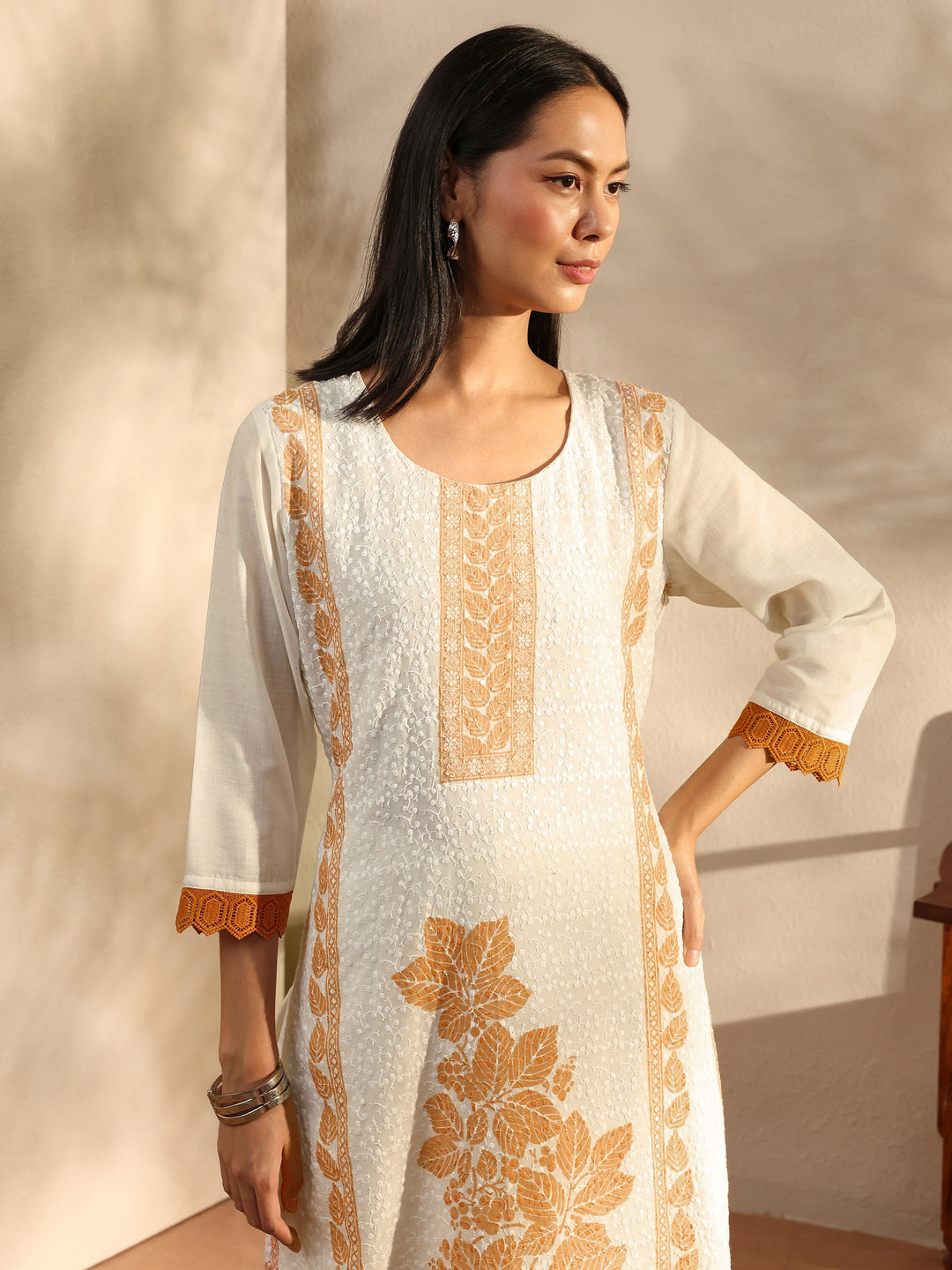 White Floral Printed Cotton Blend Straight Suit Set With Dupatta