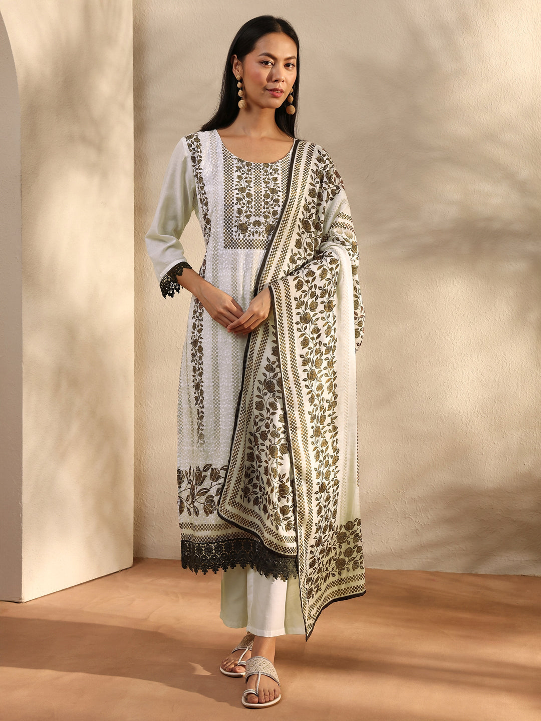 White Floral Printed Cotton Blend Straight Suit Set With Dupatta