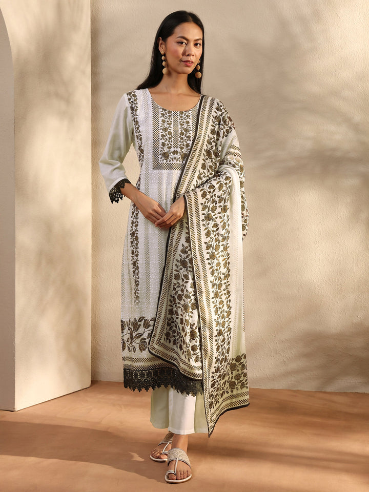 White Floral Printed Cotton Blend Straight Suit Set With Dupatta